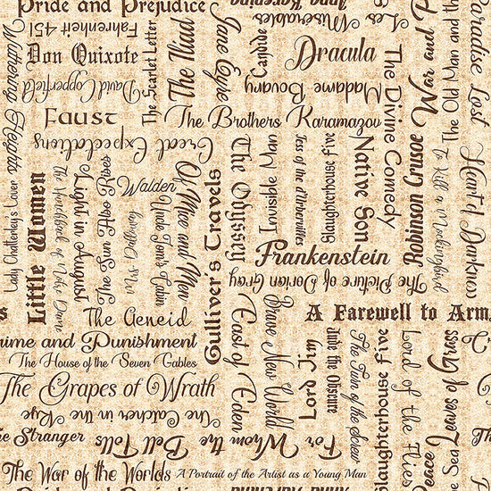 Image of Book Club Classic Books Text Tan quilting cotton fabric by Morris Creative Group for QT Fabrics. Features words on a cream background. Cute Little Fabric Shop.