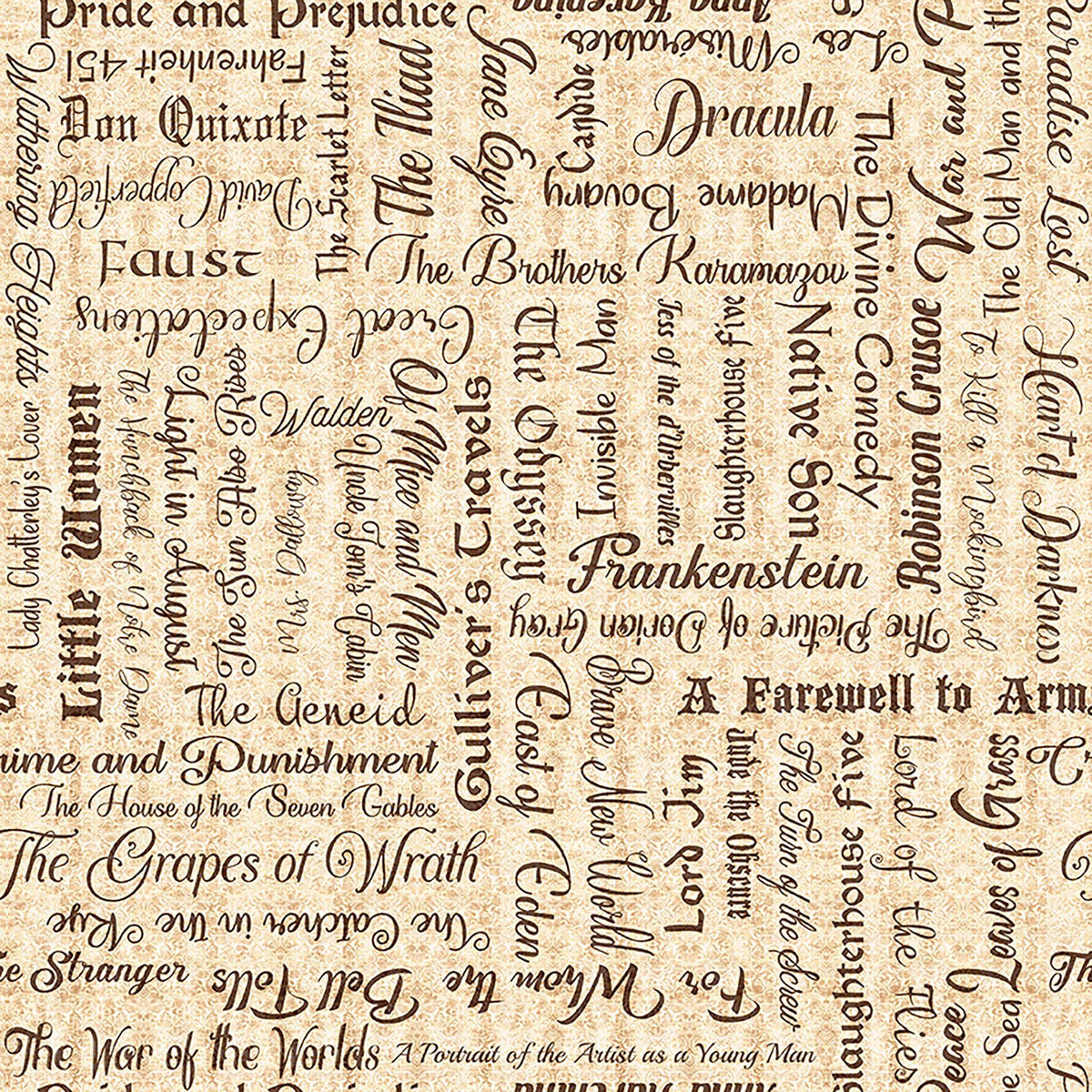 Image of Book Club Classic Books Text Tan quilting cotton fabric by Morris Creative Group for QT Fabrics. Features words on a cream background. Cute Little Fabric Shop.