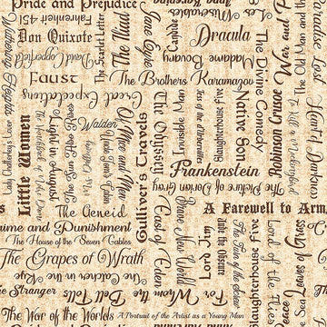 Image of Book Club Classic Books Text Tan quilting cotton fabric by Morris Creative Group for QT Fabrics. Features words on a cream background. Cute Little Fabric Shop.