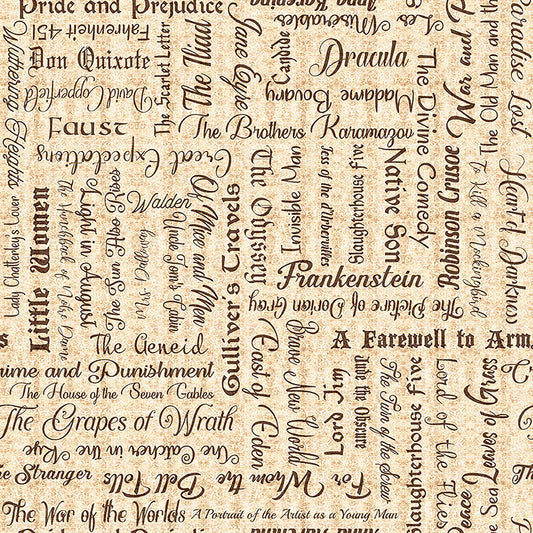 Image of Book Club Classic Books Text Tan quilting cotton fabric by Morris Creative Group for QT Fabrics. Features words on a cream background. Cute Little Fabric Shop.