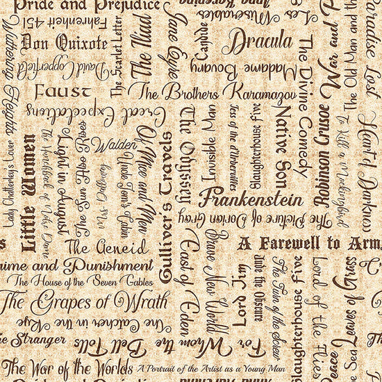 Image of Book Club Classic Books Text Tan quilting cotton fabric by Morris Creative Group for QT Fabrics. Features words on a cream background. Cute Little Fabric Shop.