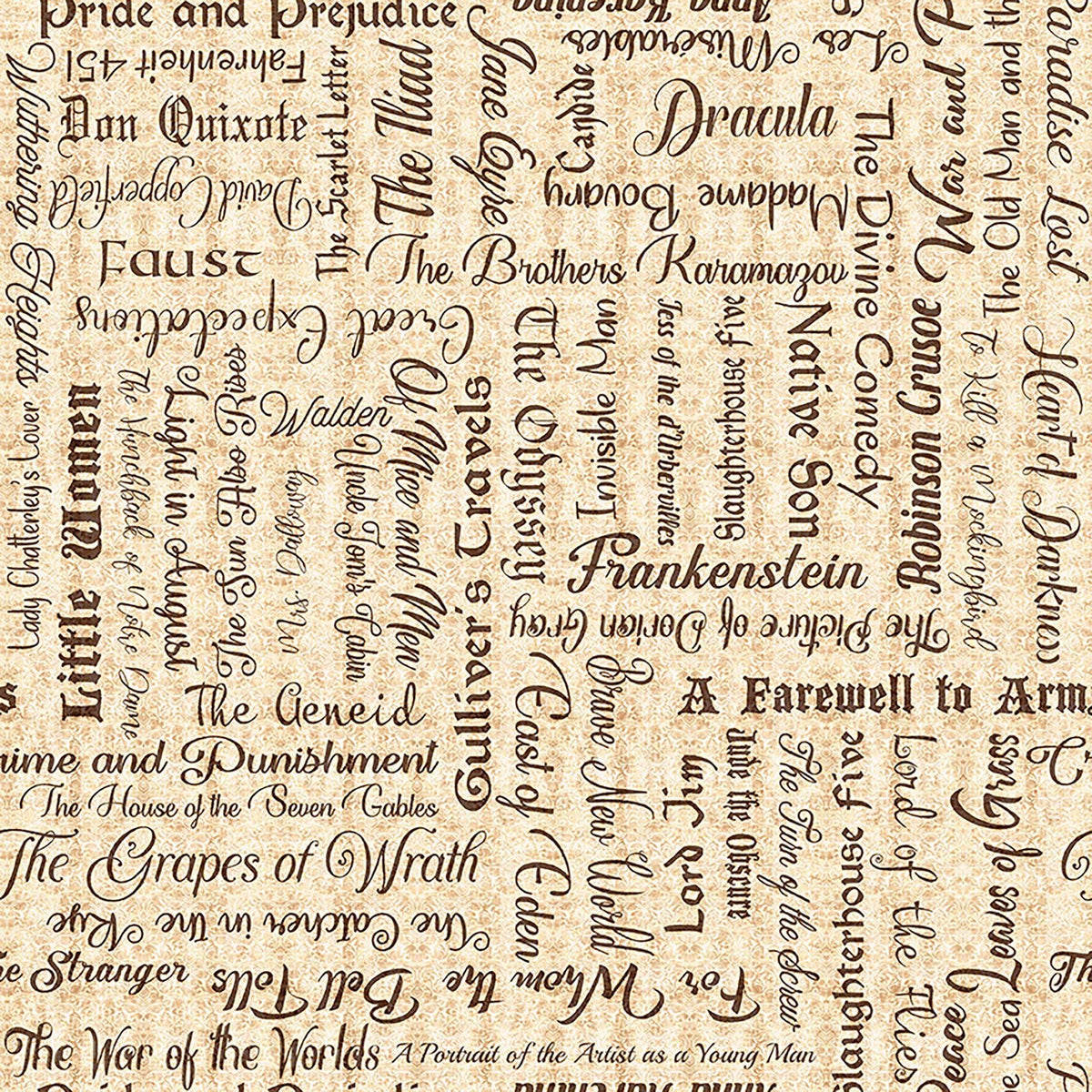 Image of Book Club Classic Books Text Tan quilting cotton fabric by Morris Creative Group for QT Fabrics. Features words on a cream background. Cute Little Fabric Shop.