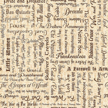 Image of Book Club Classic Books Text Tan quilting cotton fabric by Morris Creative Group for QT Fabrics. Features words on a cream background. Cute Little Fabric Shop.