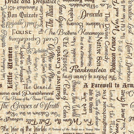 Image of Book Club Classic Books Text Tan quilting cotton fabric by Morris Creative Group for QT Fabrics. Features words on a cream background. Cute Little Fabric Shop.