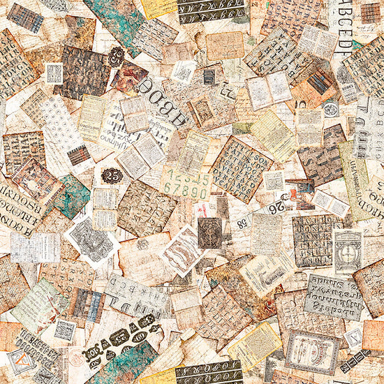 Image of Book Club Book Ephemera Tan quilting cotton fabric by Morris Creative Group for QT Fabrics. Features book pages on a cream background. Cute Little Fabric Shop.