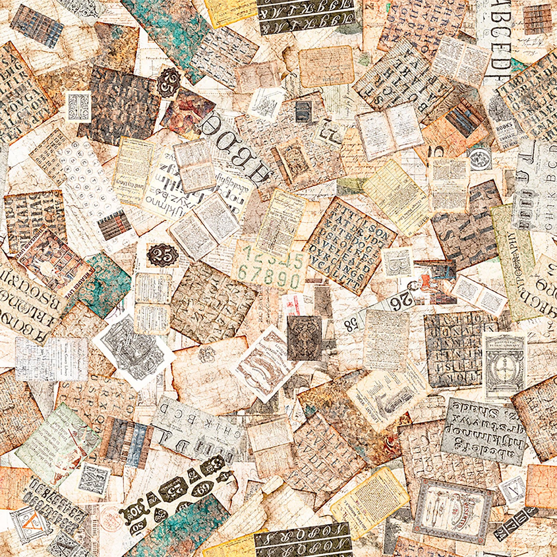 Image of Book Club Book Ephemera Tan quilting cotton fabric by Morris Creative Group for QT Fabrics. Features book pages on a cream background. Cute Little Fabric Shop.