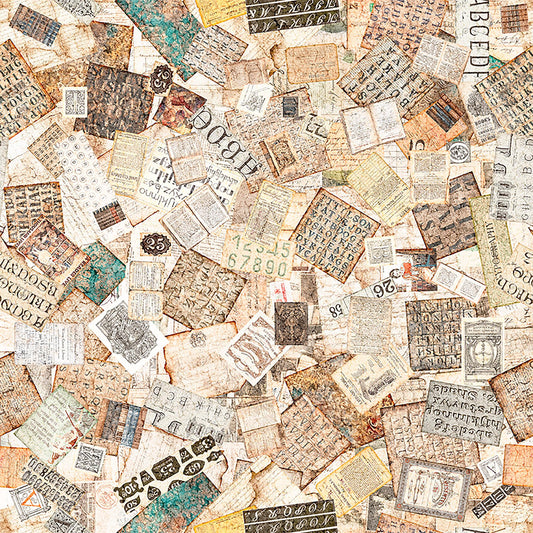 Image of Book Club Book Ephemera Tan quilting cotton fabric by Morris Creative Group for QT Fabrics. Features book pages on a cream background. Cute Little Fabric Shop.