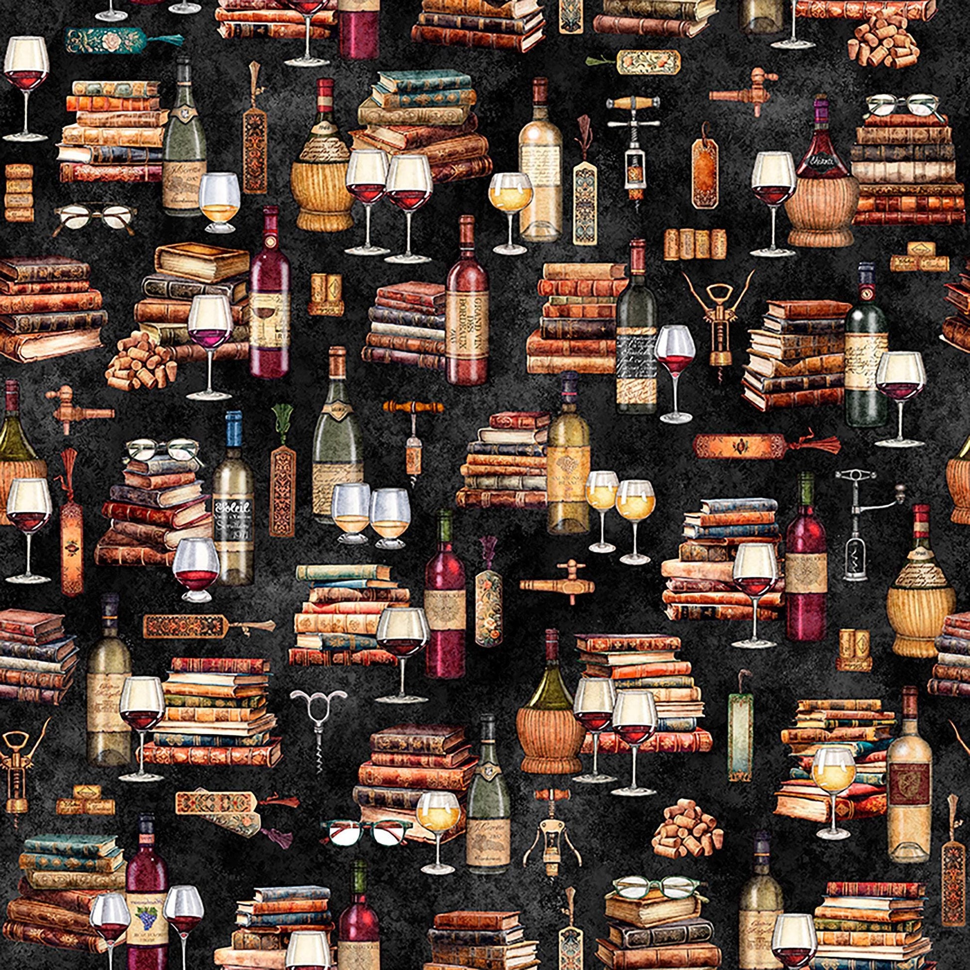 Image of Book Club Wine & Books Black quilting cotton fabric by Morris Creative Group for QT Fabrics. Features books on a black background. Cute Little Fabric Shop.