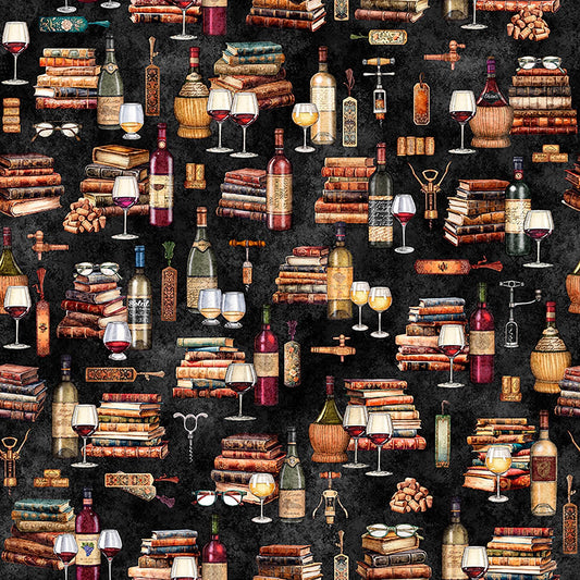 Image of Book Club Wine & Books Black quilting cotton fabric by Morris Creative Group for QT Fabrics. Features books on a black background. Cute Little Fabric Shop.