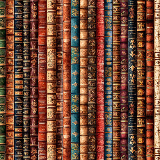 Image of Book Club Book Spine Stripe Multi quilting cotton fabric by Morris Creative Group for QT Fabrics. Features books on a brown background. Cute Little Fabric Shop.