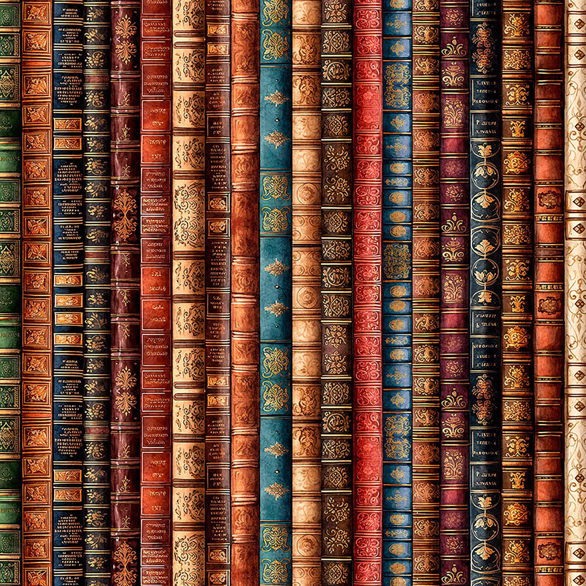 Image of Book Club Book Spine Stripe Multi quilting cotton fabric by Morris Creative Group for QT Fabrics. Features books on a brown background. Cute Little Fabric Shop.