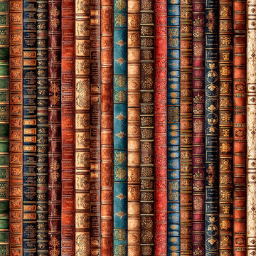 Image of Book Club Book Spine Stripe Multi quilting cotton fabric by Morris Creative Group for QT Fabrics. Features books on a brown background. Cute Little Fabric Shop.