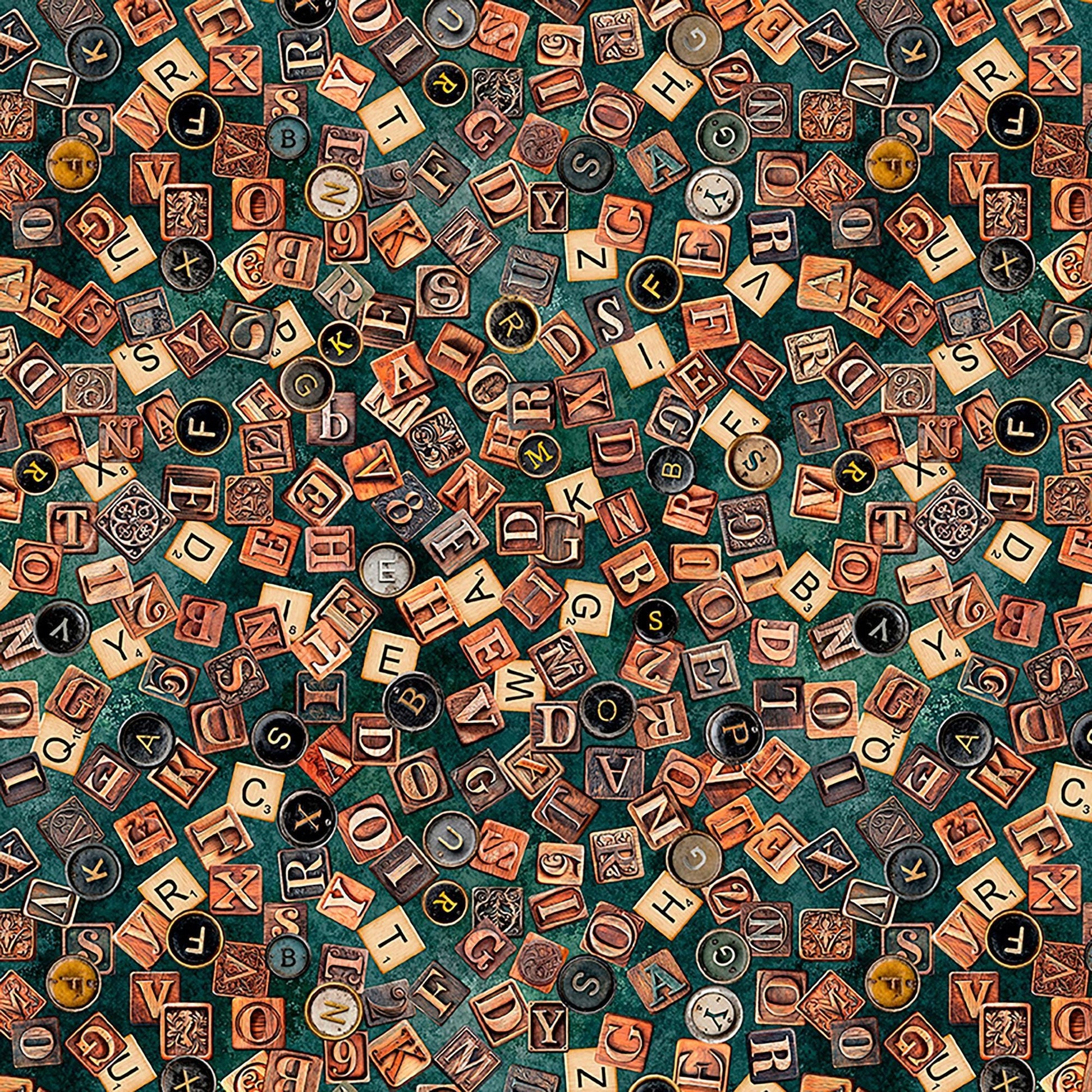 Image of Book Club Letters Teal quilting cotton fabric by Morris Creative Group for QT Fabrics. Features letters on a blue background. Cute Little Fabric Shop.