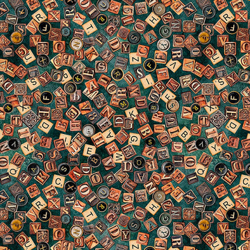 Image of Book Club Letters Teal quilting cotton fabric by Morris Creative Group for QT Fabrics. Features letters on a blue background. Cute Little Fabric Shop.