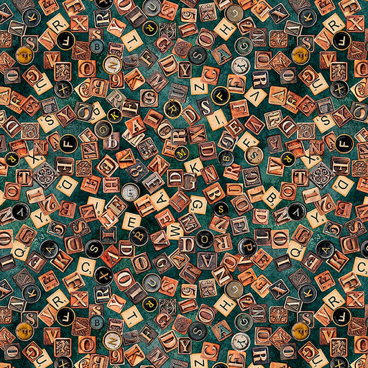 Image of Book Club Letters Teal quilting cotton fabric by Morris Creative Group for QT Fabrics. Features letters on a blue background. Cute Little Fabric Shop.