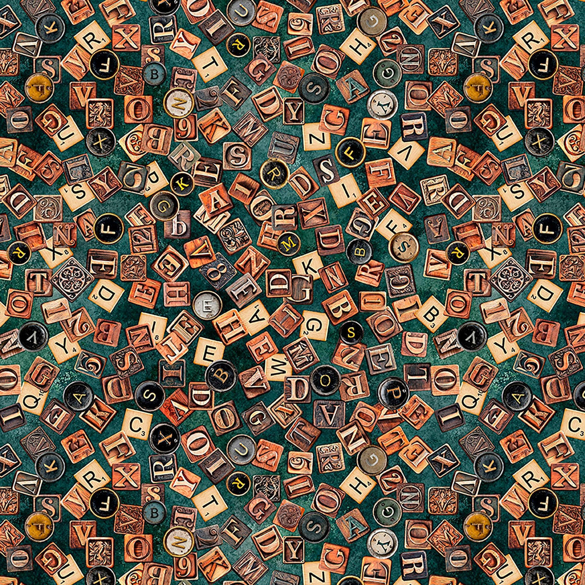 Image of Book Club Letters Teal quilting cotton fabric by Morris Creative Group for QT Fabrics. Features letters on a blue background. Cute Little Fabric Shop.