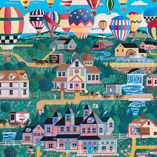 Image of Balloonfest Balloonfest Multi quilting cotton fabric by Anthony Kleem for QT Fabrics. Features buildings and hot air balloons on a blue and green background. Cute Little Fabric Shop.