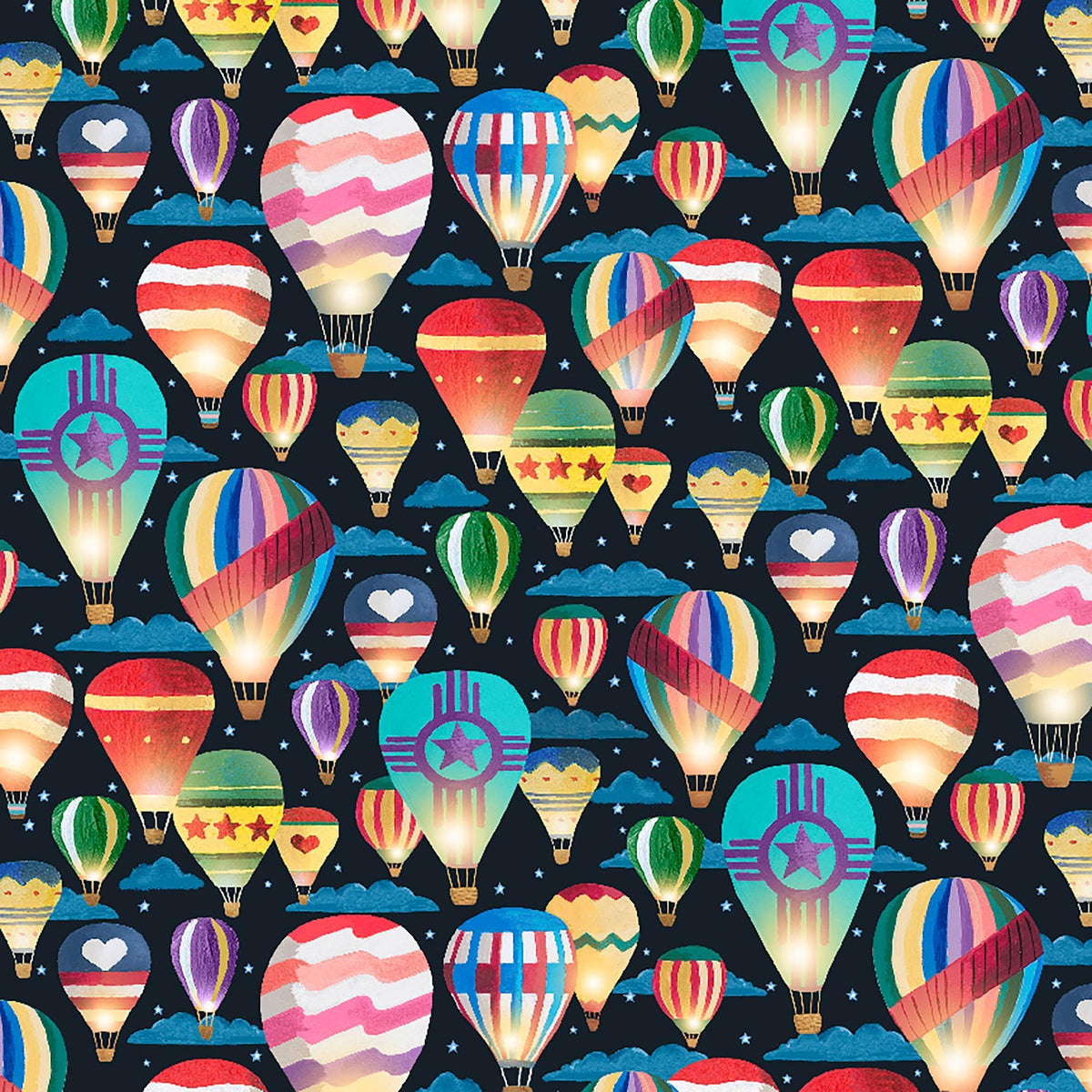 Image of Balloonfest Hot Air Balloons Black quilting cotton fabric by Anthony Kleem for QT Fabrics. Features hot air balloons on a black background. Cute Little Fabric Shop.