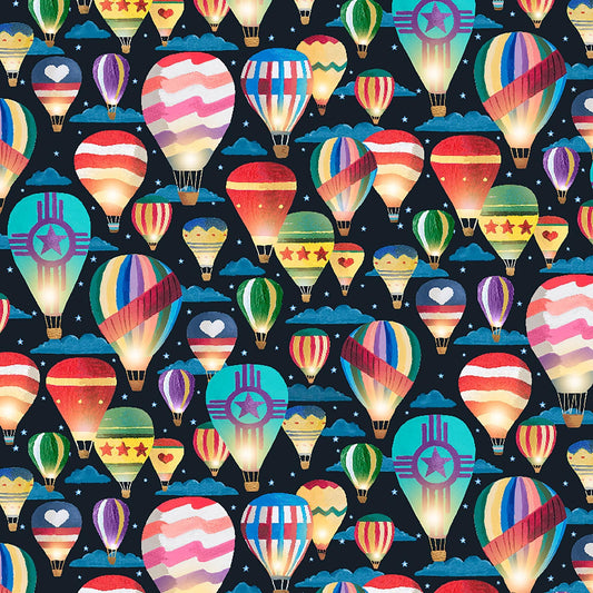 Image of Balloonfest Hot Air Balloons Black quilting cotton fabric by Anthony Kleem for QT Fabrics. Features hot air balloons on a black background. Cute Little Fabric Shop.