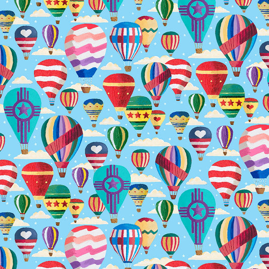Image of Balloonfest Hot Air Balloons Blue quilting cotton fabric by Anthony Kleem for QT Fabrics. Features hot air balloons on a blue background. Cute Little Fabric Shop.