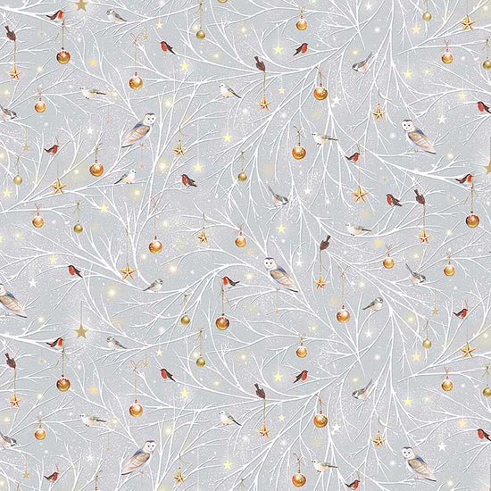 Image of Woodland Wonder Birds/Ornaments on a Branch Gray flannel cotton fabric by Sarah Summers for QT Fabrics. Features birds on a gray background. Cute Little Fabric Shop.