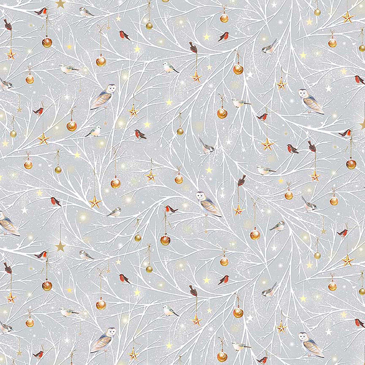 Image of Woodland Wonder Birds/Ornaments on a Branch Gray flannel cotton fabric by Sarah Summers for QT Fabrics. Features birds on a gray background. Cute Little Fabric Shop.
