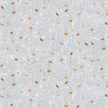 Image of Woodland Wonder Birds/Ornaments on a Branch Gray flannel cotton fabric by Sarah Summers for QT Fabrics. Features birds on a gray background. Cute Little Fabric Shop.