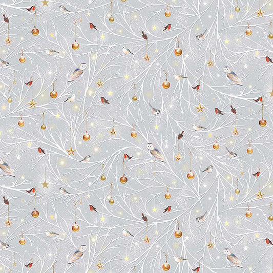 Image of Woodland Wonder Birds/Ornaments on a Branch Gray flannel cotton fabric by Sarah Summers for QT Fabrics. Features birds on a gray background. Cute Little Fabric Shop.