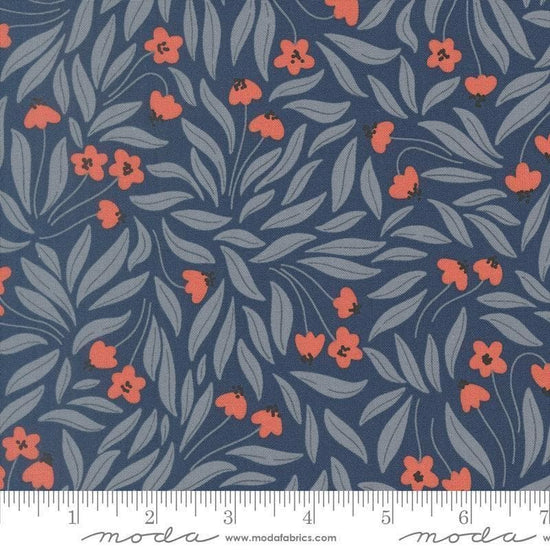 Image of Natures Sketchbook Flowy Flowers Twilight quilting cotton fabric by Elena Amo for Moda Fabrics. Features flowers on a blue background. Cute Little Fabric Shop.
