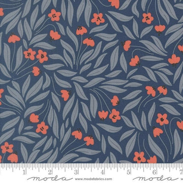Image of Natures Sketchbook Flowy Flowers Twilight quilting cotton fabric by Elena Amo for Moda Fabrics. Features flowers on a blue background. Cute Little Fabric Shop.
