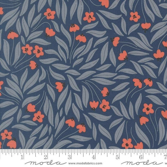 Image of Natures Sketchbook Flowy Flowers Twilight quilting cotton fabric by Elena Amo for Moda Fabrics. Features flowers on a blue background. Cute Little Fabric Shop.