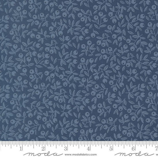 Image of Natures Sketchbook Blueberry Twilight quilting cotton fabric by Elena Amo for Moda Fabrics. Features leaves and berries on a blue background. Cute Little Fabric Shop.