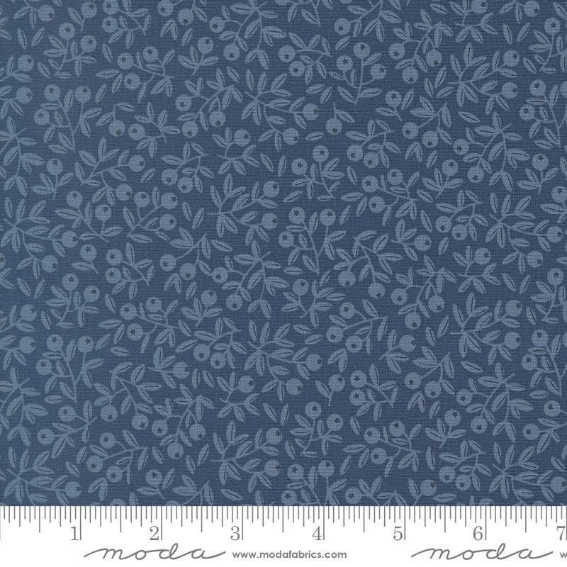 Image of Natures Sketchbook Blueberry Twilight quilting cotton fabric by Elena Amo for Moda Fabrics. Features leaves and berries on a blue background. Cute Little Fabric Shop.