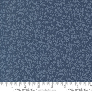 Image of Natures Sketchbook Blueberry Twilight quilting cotton fabric by Elena Amo for Moda Fabrics. Features leaves and berries on a blue background. Cute Little Fabric Shop.