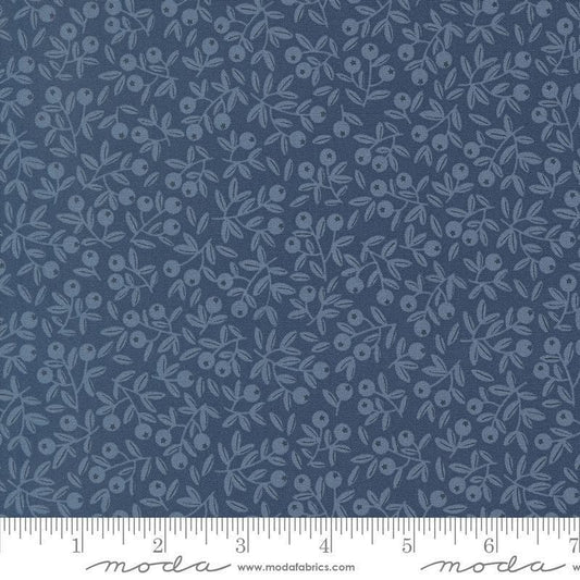 Image of Natures Sketchbook Blueberry Twilight quilting cotton fabric by Elena Amo for Moda Fabrics. Features leaves and berries on a blue background. Cute Little Fabric Shop.