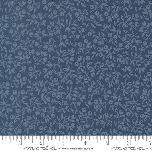 Image of Natures Sketchbook Blueberry Twilight quilting cotton fabric by Elena Amo for Moda Fabrics. Features leaves and berries on a blue background. Cute Little Fabric Shop.
