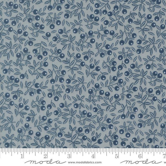 Image of Natures Sketchbook Blueberry Pebbley Sky quilting cotton fabric by Elena Amo for Moda Fabrics. Features berries and leaves on a blue background. Cute Little Fabric Shop.
