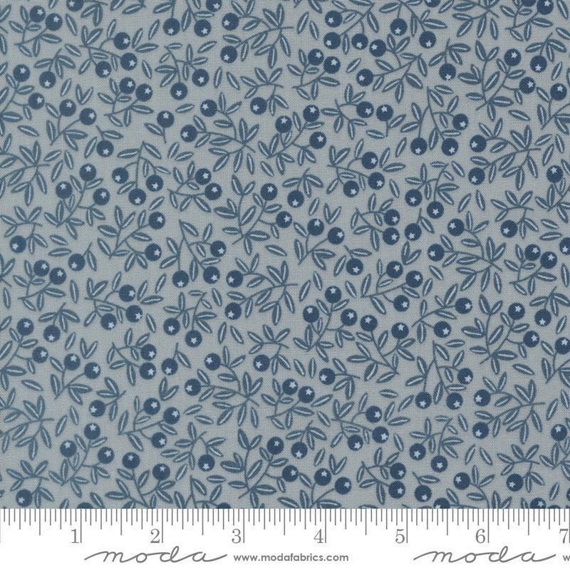 Image of Natures Sketchbook Blueberry Pebbley Sky quilting cotton fabric by Elena Amo for Moda Fabrics. Features berries and leaves on a blue background. Cute Little Fabric Shop.