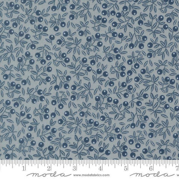 Image of Natures Sketchbook Blueberry Pebbley Sky quilting cotton fabric by Elena Amo for Moda Fabrics. Features berries and leaves on a blue background. Cute Little Fabric Shop.