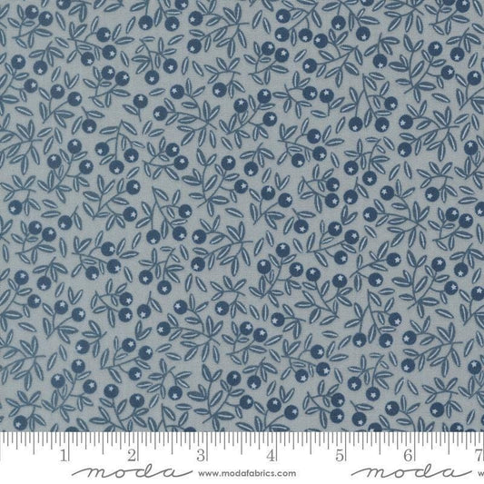 Image of Natures Sketchbook Blueberry Pebbley Sky quilting cotton fabric by Elena Amo for Moda Fabrics. Features berries and leaves on a blue background. Cute Little Fabric Shop.