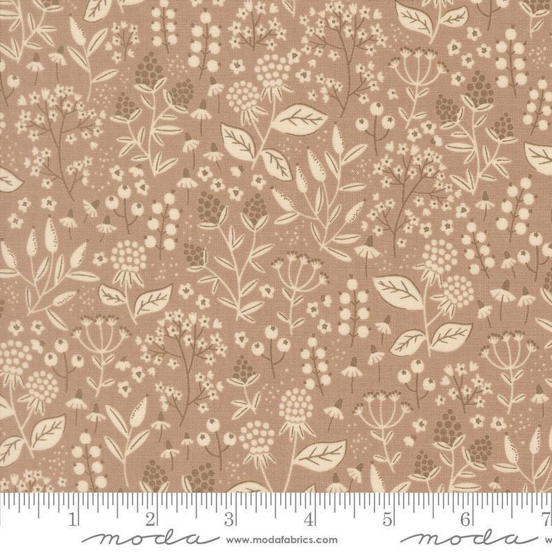 Image of Natures Sketchbook Leaves and Berries Pebble quilting cotton fabric by Elena Amo for Moda Fabrics. Features leaves and berries on a brown background. Cute Little Fabric Shop.