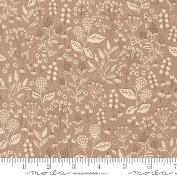 Image of Natures Sketchbook Leaves and Berries Pebble quilting cotton fabric by Elena Amo for Moda Fabrics. Features leaves and berries on a brown background. Cute Little Fabric Shop.