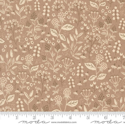 Image of Natures Sketchbook Leaves and Berries Pebble quilting cotton fabric by Elena Amo for Moda Fabrics. Features leaves and berries on a brown background. Cute Little Fabric Shop.