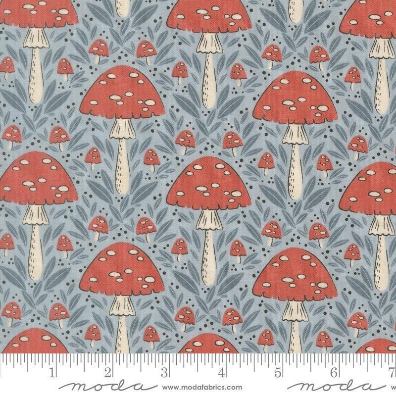 Image of Natures Sketchbook Mushroom Sky quilting cotton fabric by Elena Amo for Moda Fabrics. Features mushrooms on a blue background. Cute Little Fabric Shop.
