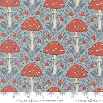 Image of Natures Sketchbook Mushroom Sky quilting cotton fabric by Elena Amo for Moda Fabrics. Features mushrooms on a blue background. Cute Little Fabric Shop.