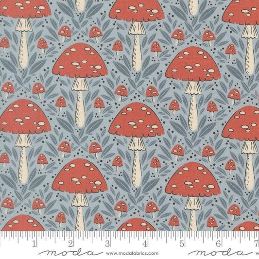 Image of Natures Sketchbook Mushroom Sky quilting cotton fabric by Elena Amo for Moda Fabrics. Features mushrooms on a blue background. Cute Little Fabric Shop.