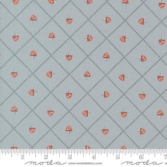 Image of Natures Sketchbook Mushroom and Grid Sky quilting cotton fabric by Elena Amo for Moda Fabrics. Features mushrooms on a blue background. Cute Little Fabric Shop.