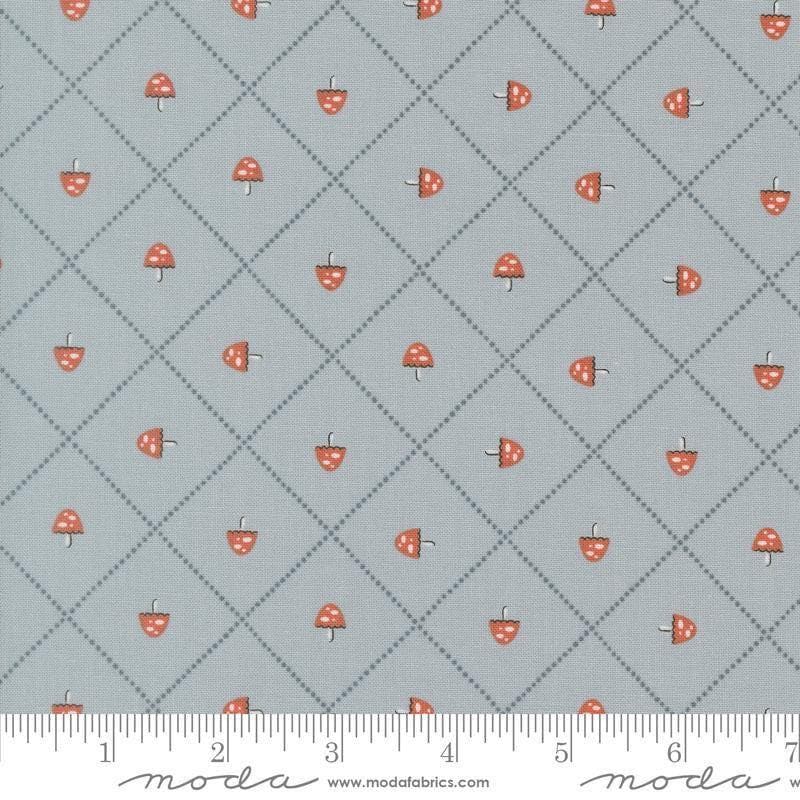 Image of Natures Sketchbook Mushroom and Grid Sky quilting cotton fabric by Elena Amo for Moda Fabrics. Features mushrooms on a blue background. Cute Little Fabric Shop.