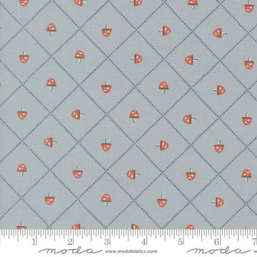Image of Natures Sketchbook Mushroom and Grid Sky quilting cotton fabric by Elena Amo for Moda Fabrics. Features mushrooms on a blue background. Cute Little Fabric Shop.