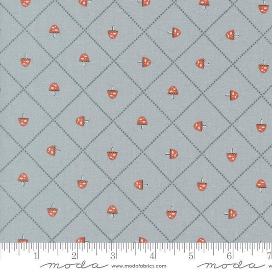 Image of Natures Sketchbook Mushroom and Grid Sky quilting cotton fabric by Elena Amo for Moda Fabrics. Features mushrooms on a blue background. Cute Little Fabric Shop.